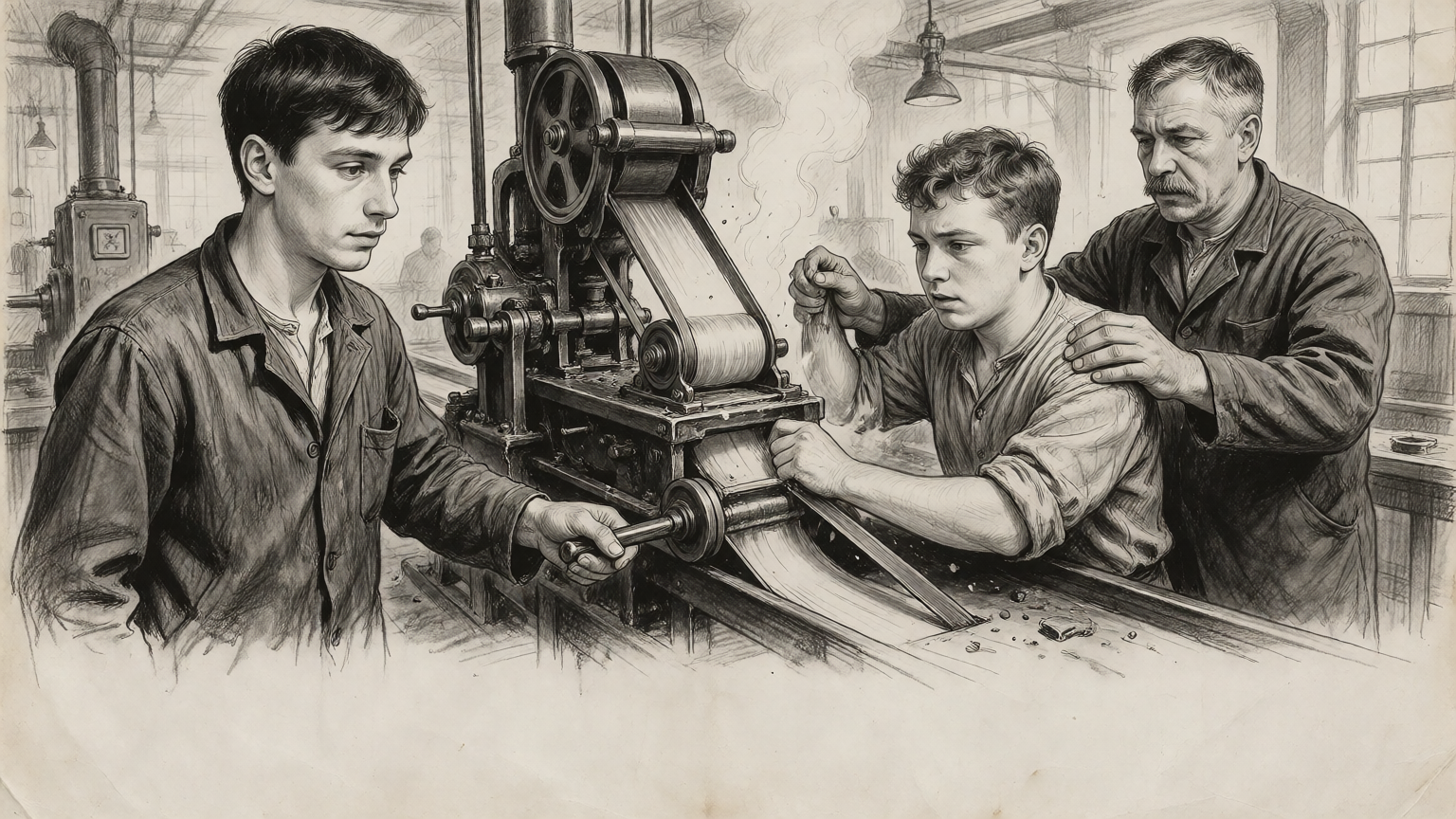 Workers helping a colleague at a factory machine, drawn in graphite
