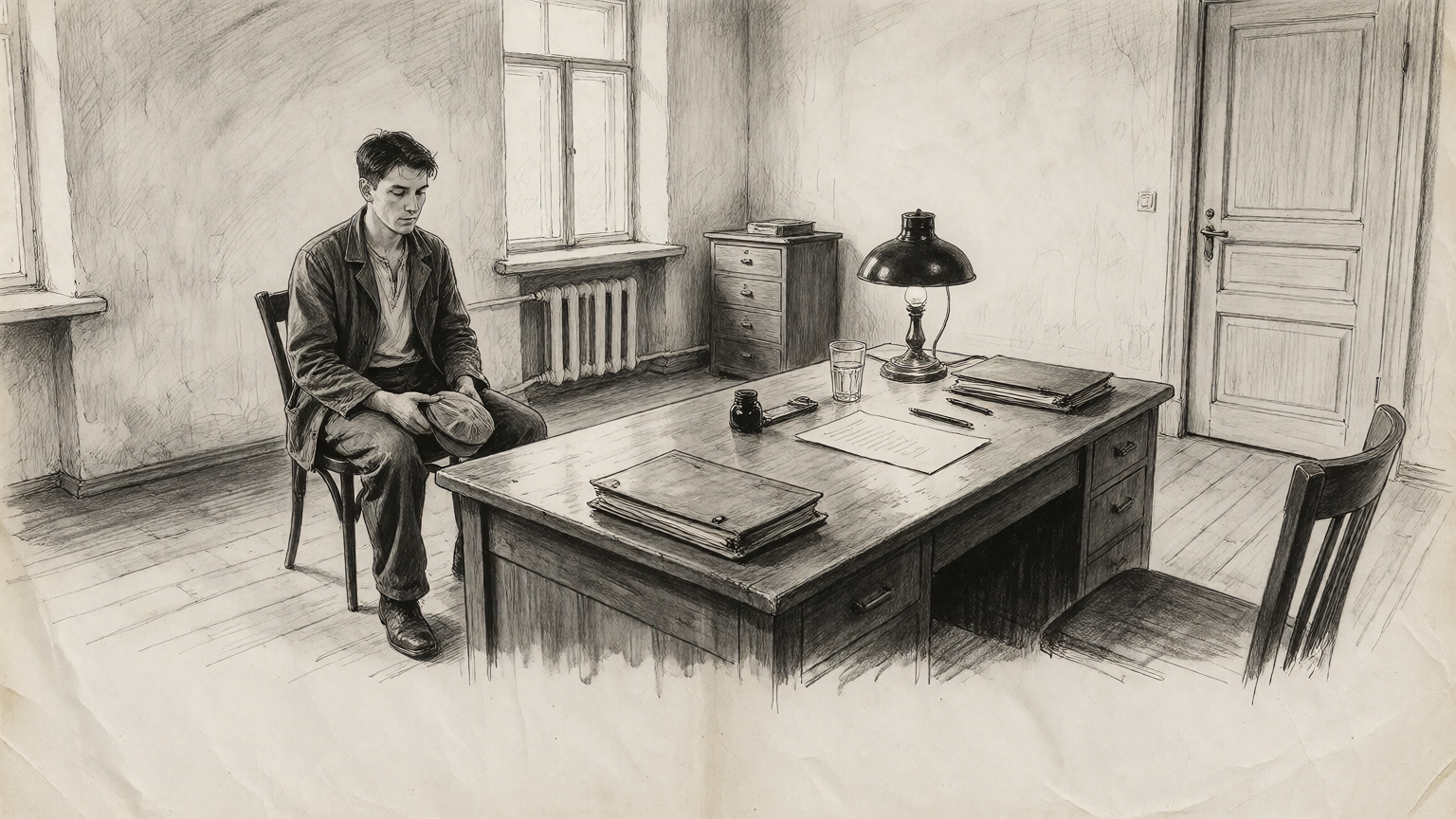 Two men across a desk in a dim office, the official's face obscured