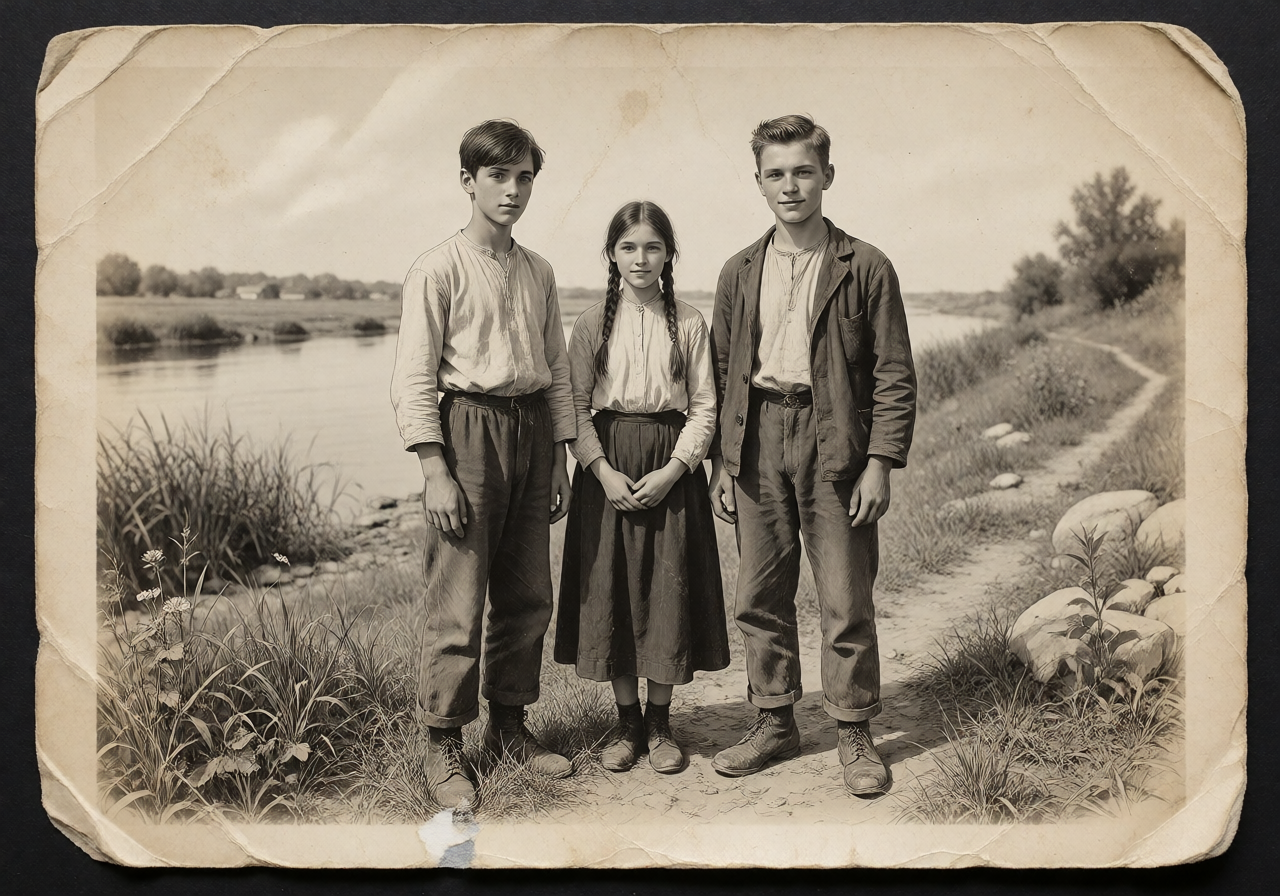 A creased old photograph of three young friends standing by a river