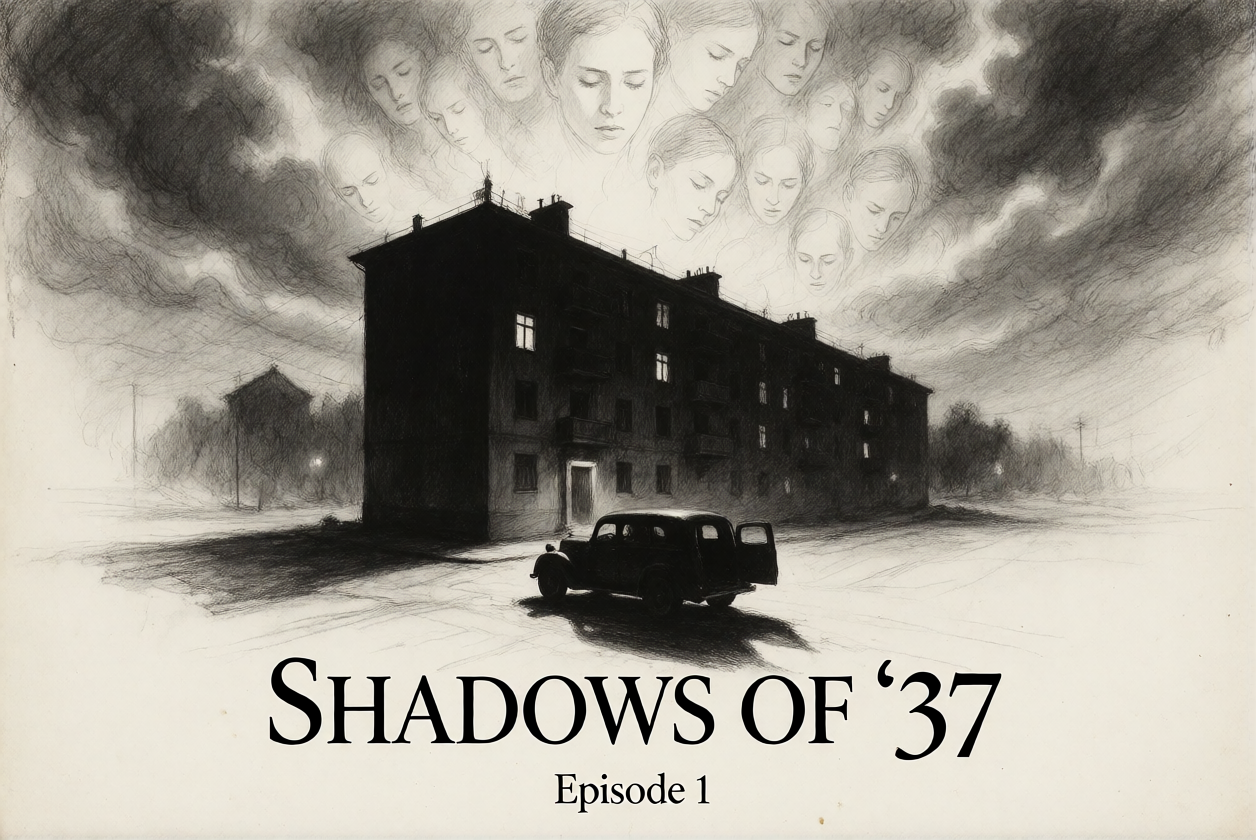 Pencil artwork of a Soviet apartment building at night, an ominous car outside, and remembered faces in the sky
